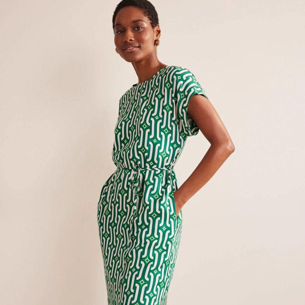 Boden Short Sleeve Column Midi Dress - Bright Emerald, Azure Geo Size US 4R